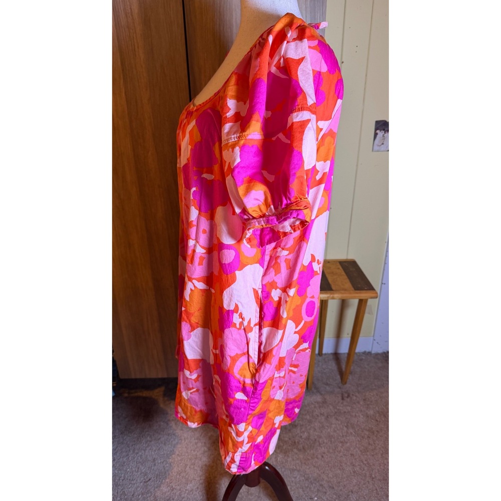 514. Boho Free Assembly Pink Orange Floral Puff Sleeve Mini Dress XL - Picture 3 of 6